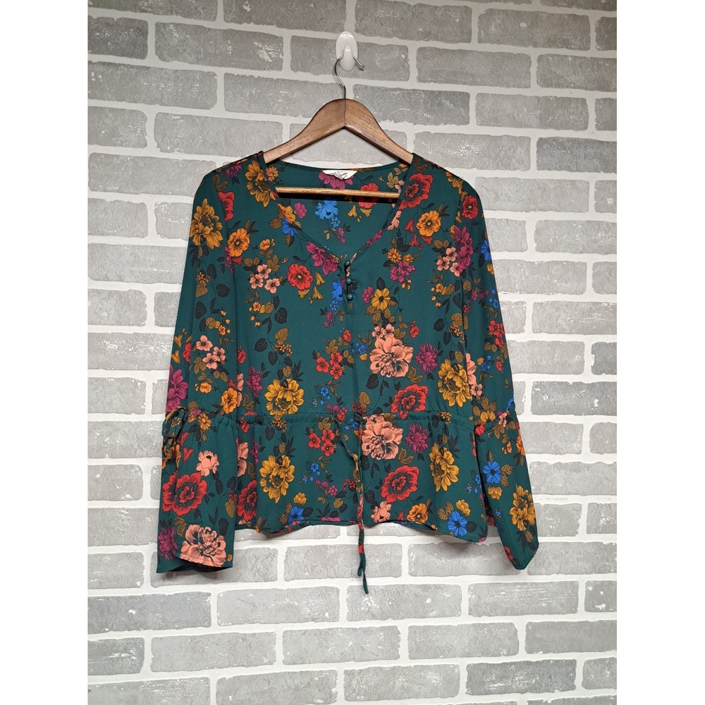 Jack by BB Dakota Womens Peasant Blouse Green Floral V-Neck‎ Bell Sleeve Small
